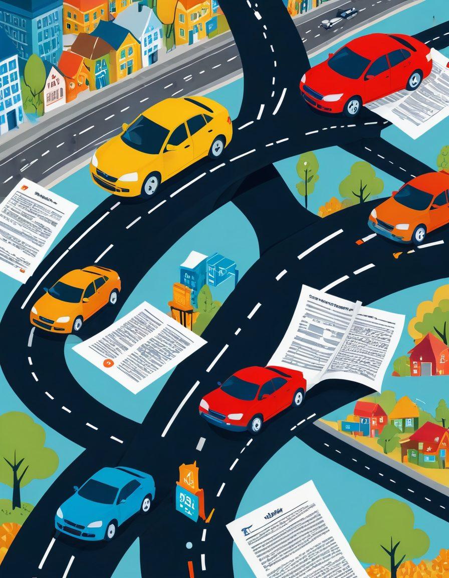 A detailed roadmap with various car insurance coverage options illustrated as colorful signposts along the way, featuring images of cars and money to symbolize savings. A magnifying glass over a policy document symbolizes careful analysis. The background includes a cityscape representing diversity in driving environments. Bright and engaging colors to captivate the reader's attention. vector art. vibrant colors.