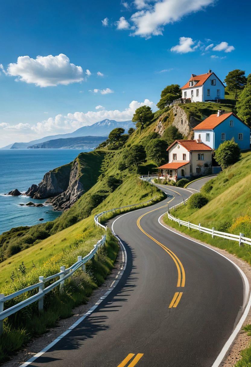 A serene landscape featuring a winding road leading towards a distant horizon under a bright blue sky, with a shield symbol elegantly integrated into the scenery, signifying protection. Alongside the road, various policy-related symbols (e.g., house, car, health) are artistically placed to illustrate comparisons. The scene exudes a sense of calm and safety, inviting viewers to explore. vibrant colors. super-realistic.